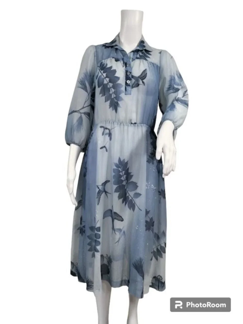 VTG 60's Petites By Penny Young Floral Bird Print Midi Dress Blue Womens Size 10 - Picture 2 of 15